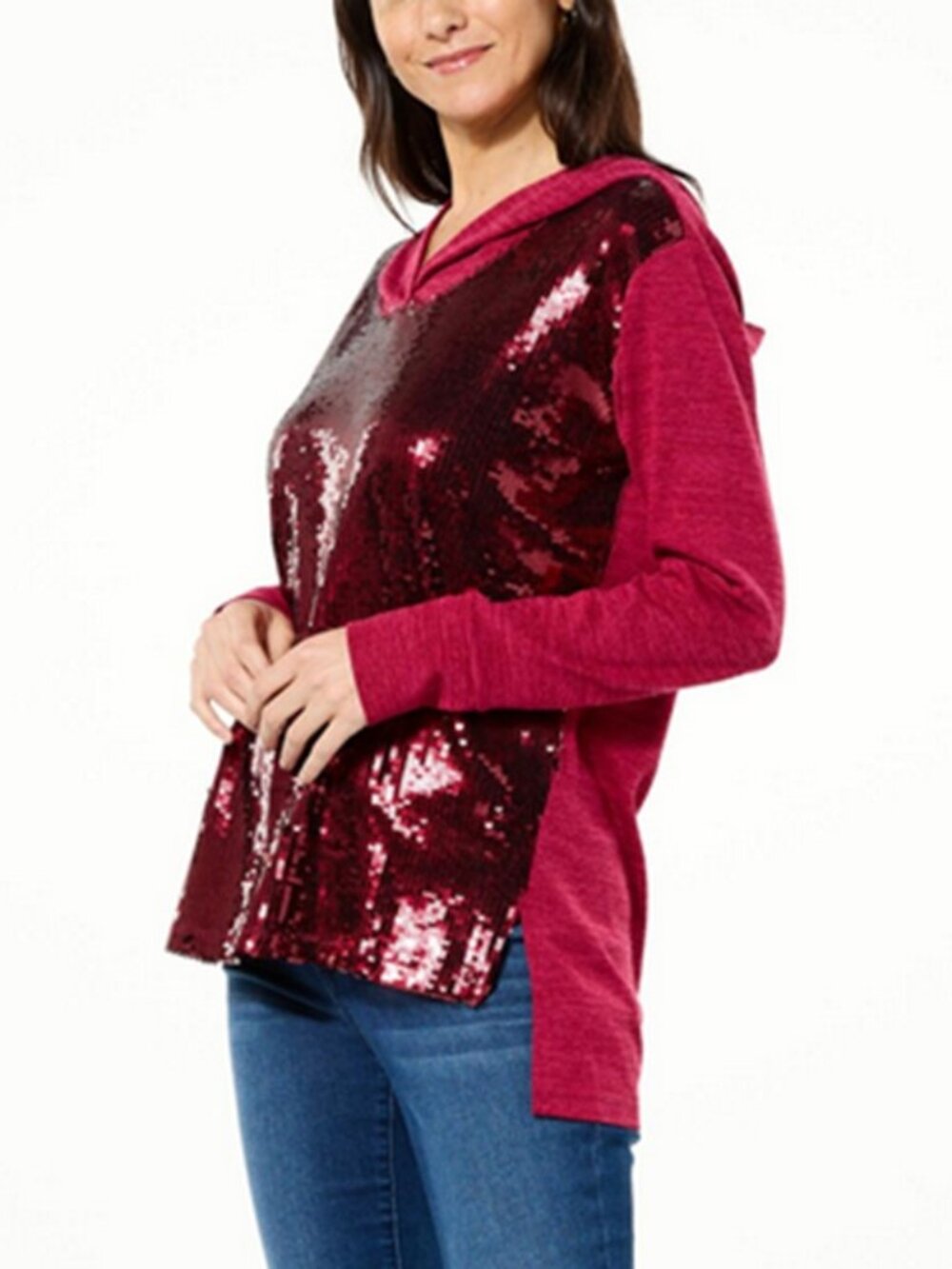 Colleen Lopez Women's Mixed Media Sequin Front Hoodie Beet Red